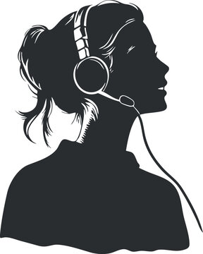 Silhouette of a female call center operator wearing a headset with microphone in profile view