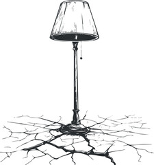 Black and white line art illustration of a vintage floor lamp with a cracked floor base