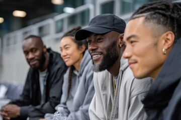 Obraz premium A diverse group of friends sharing smiles and engaging conversation in stadium seats, capturing the essence of friendship and the joy of being together at a thrilling event.