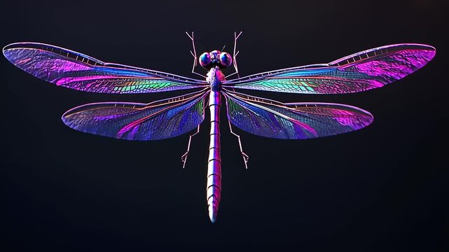 Colorful dragonfly with iridescent wings hovering against a dark background, showcasing nature's beauty