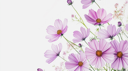 watercolor botanical Cosmos flowers texture template background.Elegant wedding invitation card background . Minimal hand painted Design for wedding or Valentine's Day