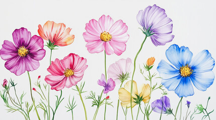 watercolor botanical Cosmos flowers texture template background.Elegant wedding invitation card background . Minimal hand painted Design for wedding or Valentine's Day