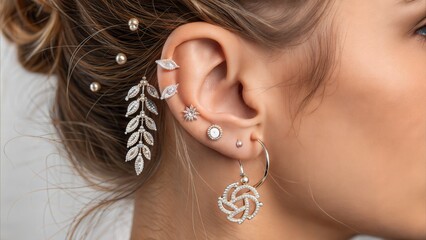 Close-up of various ear piercings, including helix piercings and elegant earrings. (Jewelry)