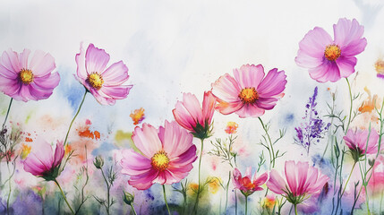 watercolor botanical Cosmos flowers texture template background.Elegant wedding invitation card background . Minimal hand painted Design for wedding or Valentine's Day