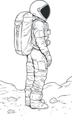Black and white line art illustration of an astronaut standing on a rocky extraterrestrial surface wearing a space suit and helmet with a backpack.