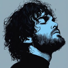Fototapeta premium A monochrome portrait of a stylishly bearded man with curly long hair, suitable for a variety of uses including fashion, design, and character illustrations