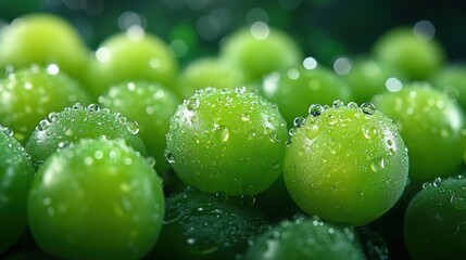 Close-up of green sea grapes with water droplets on a dark background.