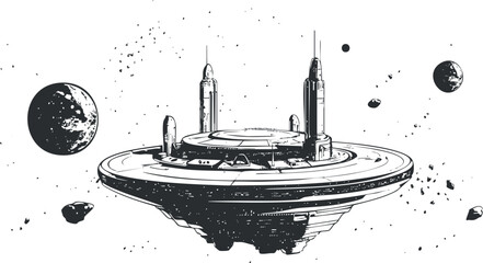 Black and white illustration of a futuristic space station orbiting in outer space with planets and asteroids nearby © vadymstock