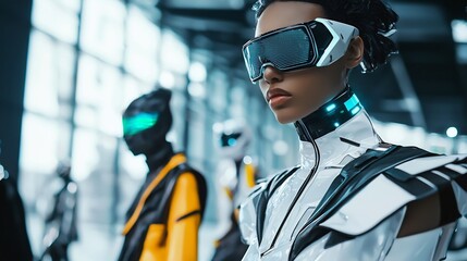Futuristic Female Robot Wearing Virtual Reality Headset in Laboratory