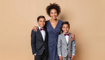 Joyful family portrait with mother and sons against neutral backdrop, family unity