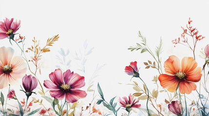 watercolor botanical Cosmos flowers texture template background.Elegant wedding invitation card background . Minimal hand painted Design for wedding or Valentine's Day