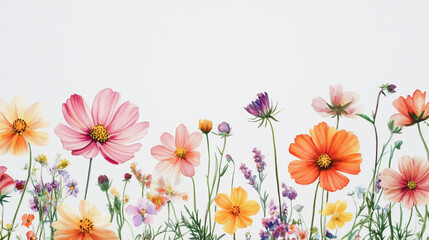 watercolor botanical Cosmos flowers texture template background.Elegant wedding invitation card background . Minimal hand painted Design for wedding or Valentine's Day