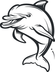 Black and white vector illustration of a smiling dolphin jumping in the ocean, marine wildlife concept.