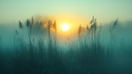 Fototapeta premium Sunrise or sunset over a field with blurry grass and hazy atmosphere.