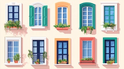 Fototapeta premium Colorful windows, plants, building facade; home design