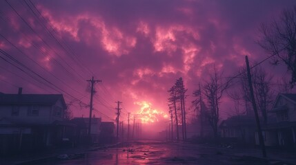 Fototapeta premium Desolate suburban street bathed in eerie twilight hues