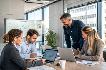 Business team in a strategy meeting, analyzing financial data and market trends for growth planning. (Marketing)