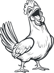 Black and white line art illustration of a happy rooster standing with detailed feathers and expressive face