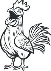 Black and white line art illustration of a rooster crowing with detailed feathers and comb