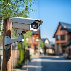 Exterior security camera mounted on a post in a residential neighborhood.