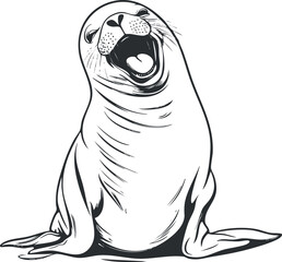 Black and white illustration of a smiling playful seal sitting with open mouth and whiskers