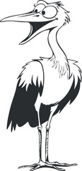 Black and white cartoon illustration of a happy bird with long legs and a large beak standing upright