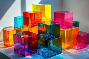 A colorful arrangement of translucent cubes, stacked in a pyramid shape, bathed in sunlight.