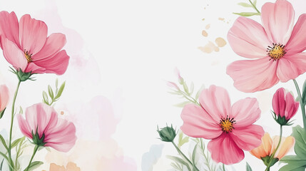 Fototapeta premium watercolor botanical Cosmos flowers texture template background.Elegant wedding invitation card background . Minimal hand painted Design for wedding or Valentine's Day