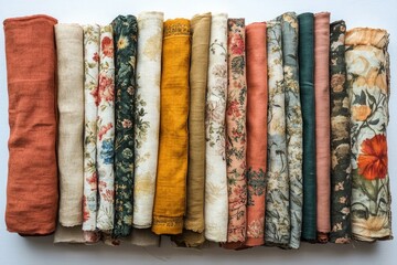 Assortment of rolled fabric bolts showcasing various floral and solid color patterns in autumnal hues.