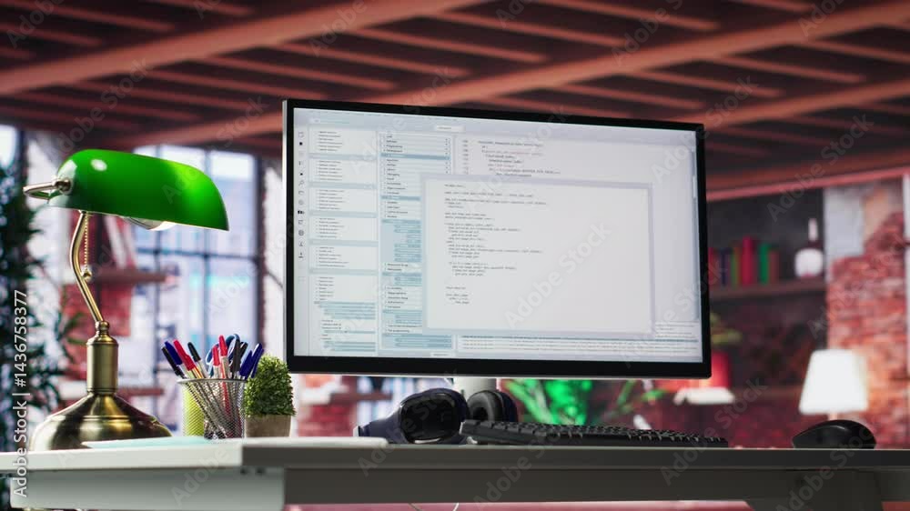 Poster organized desk ideal for writing binary code and analyzing data, stylish tech home office with elega