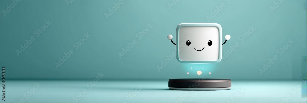 Aufkleber Floating Robotic Assistant Features a Smiling Face and Hovering Screen in a Modern Indoor Setting