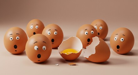 Surprised Cartoon Eggs with Broken Egg and Yolk 3D Render Illustration