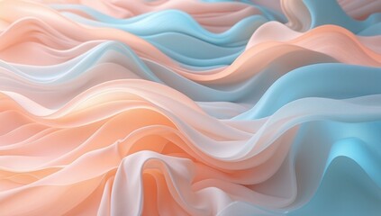 Abstract waves, soft pastel colors, fluid shapes, gentle gradients, smooth curves, ethereal textures, minimalist design, peach and blue tones, flowing fabric-like forms, delicate light effects