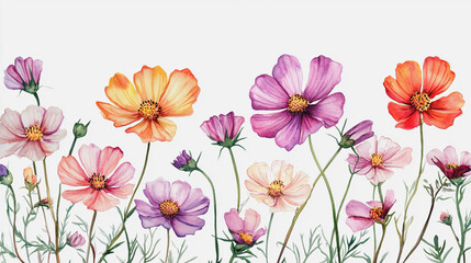 watercolor botanical Cosmos flowers texture template background.Elegant wedding invitation card background . Minimal hand painted Design for wedding or Valentine's Day