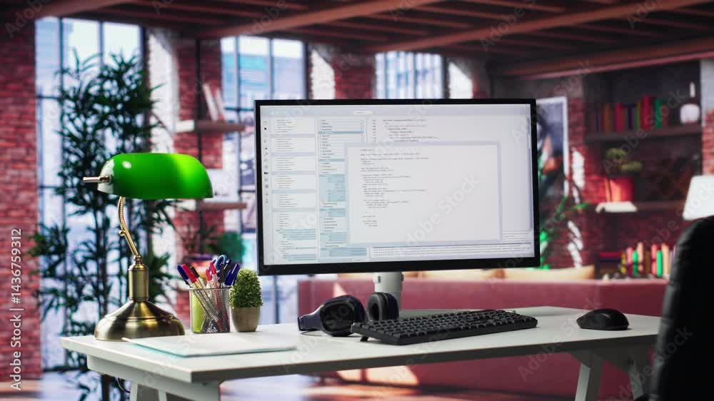 Poster empty desktop monitor used for software development and coding in a luxurious loft apartment. modern