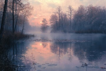 Misty sunrise over a serene lake reflecting the pink sky and bare trees, creating a peaceful autumnal scene.