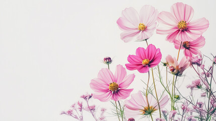 Naklejka premium watercolor botanical Cosmos flowers texture template background.Elegant wedding invitation card background . Minimal hand painted Design for wedding or Valentine's Day