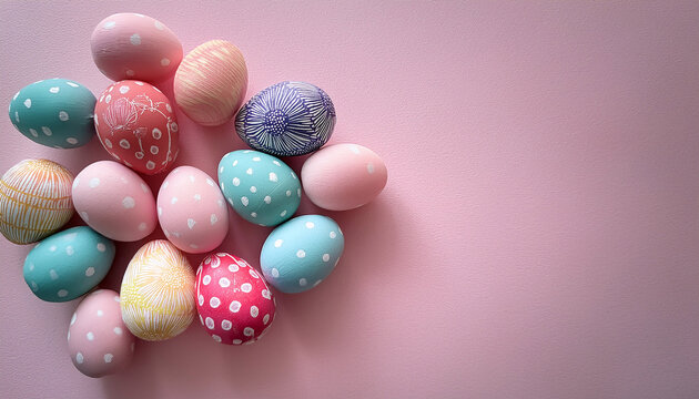 easter composition featuring colorful decorated eggs with polka dot patterns in pastel shades on a pink background perfect for greeting cards website designs and seasonal decorations