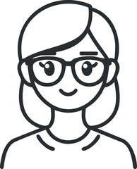 Simple black and white line art illustration of a young woman wearing glasses and smiling.