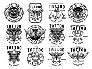Vintage tattoo studio set of emblems with elements like tattoo machines, anchors, skulls, needles, moth or brass knuckles. Monochrome vector illustrations for labels, badges, prints, and branding