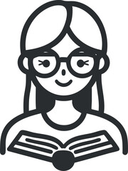 Icon of a smiling woman with glasses reading a book representing learning and education