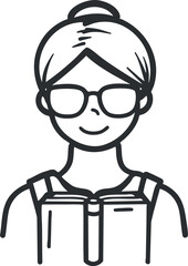Black and white line drawing of a woman reading a book wearing glasses and hair tied in a bun
