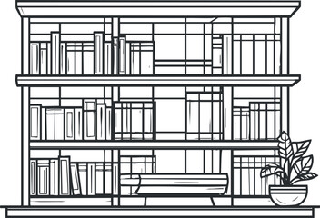 Illustration of a bookshelf filled with books and a potted plant on the bottom shelf in a modern interior