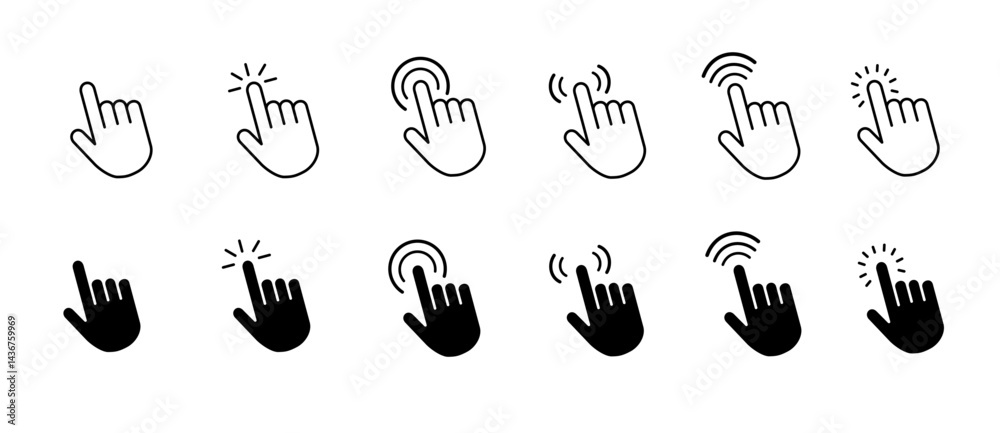 Poster mouse click cursor and hand pointer icon set with arrows, clicking fingers, loading icons, click tap
