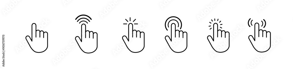 Poster computer mouse cursor icon set with arrows, hand pointers, click effects, and loading symbols. perfe