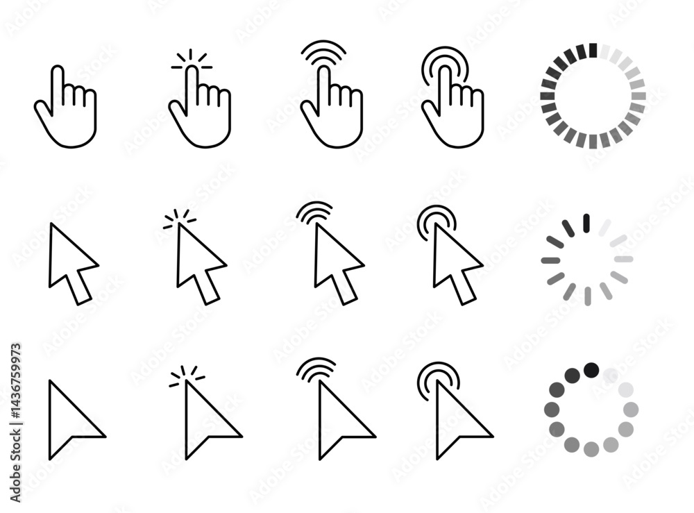 Poster computer mouse cursor icon set with arrows, hand pointers, click effects, and loading symbols. perfe
