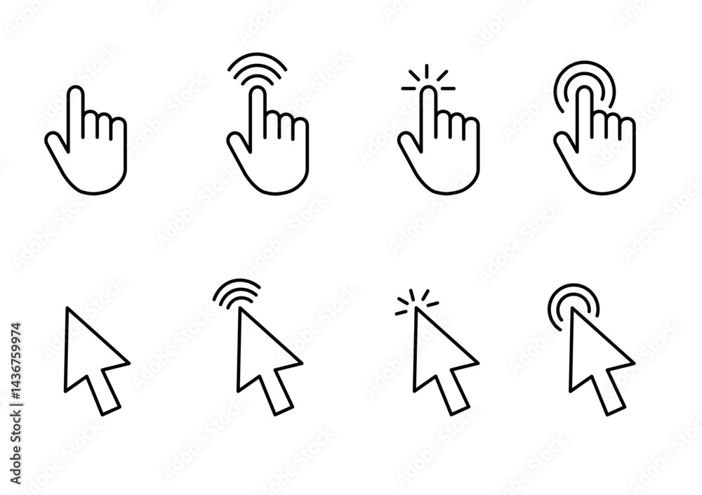 Poster computer mouse cursor icon set with arrows, hand pointers, click effects, and loading symbols. perfe