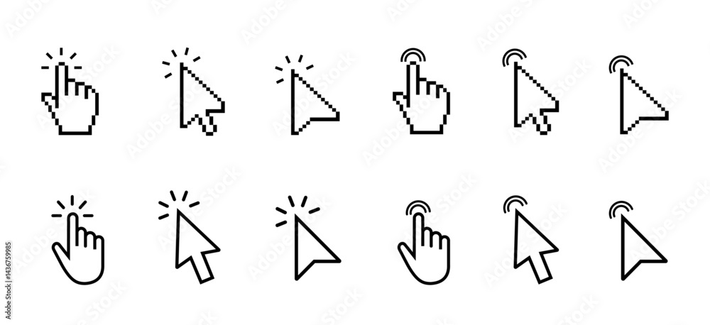 Poster mouse click cursor and hand pointer icon set with arrows, clicking fingers, loading icons, click tap