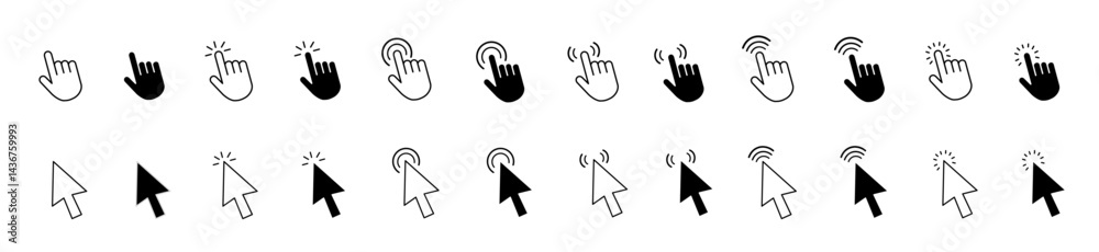 Poster mouse click cursor and hand pointer icon set with arrows, clicking fingers, loading icons, click tap