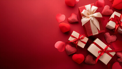 valentine s day gift boxes and hearts on red background